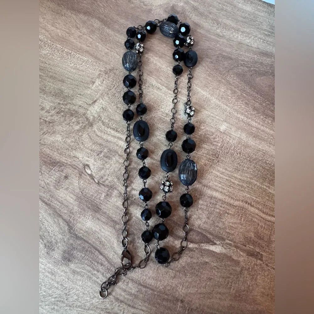 Long Glass Multi-Sized faceted Black Beaded Costume Fashion Necklace
